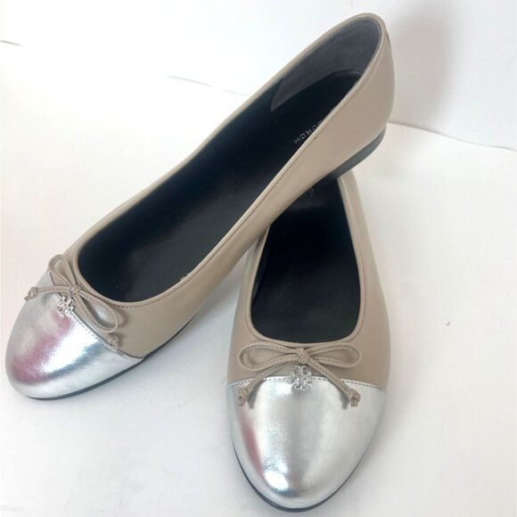 Tory Burch Cap-Toe Ballet Flats Oyster Silver Leather Womens Flats Size 11 - Picture 1 of 10